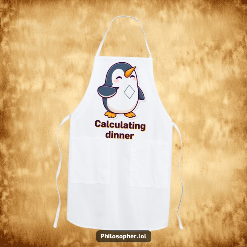 Funny Penguin Geometry Apron showing a curious penguin pointing at a geometrical design, perfect for culinary exploration and humor.
