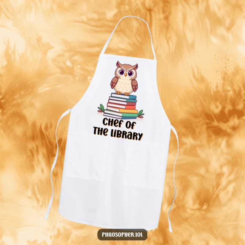 Funny owl apron showing a proud owl atop books, useful for kitchen tasks and inspiring literary thoughts.