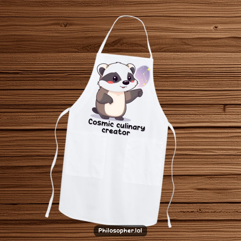 Funny badger apron, cooking in the kitchen, proud animal pointing at constellations, humorous chef wear.