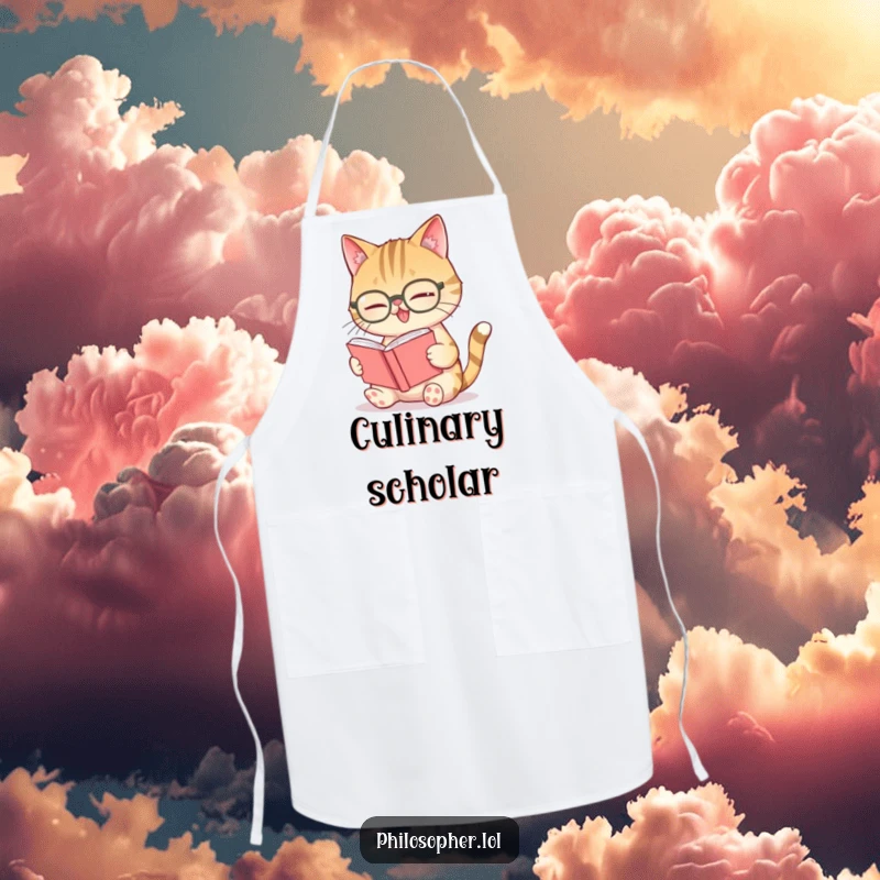 Funny giggling cat spectacles apron, a cat wearing glasses intensely reading a tiny book and giggling.