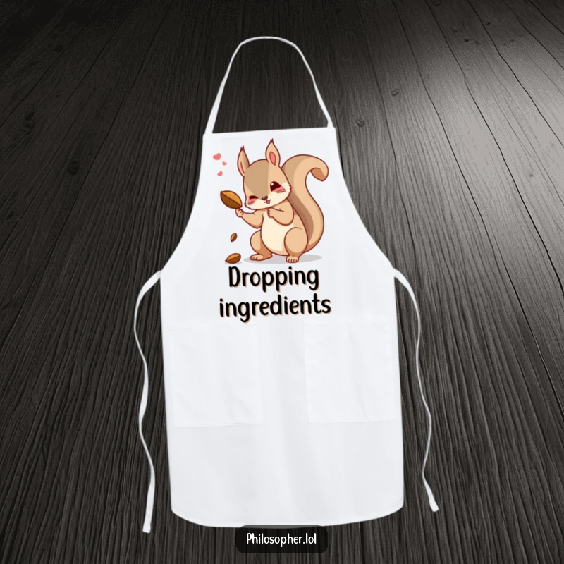 Funny squirrel apron with a dramatic squirrel contemplating the physics of a falling nut.
