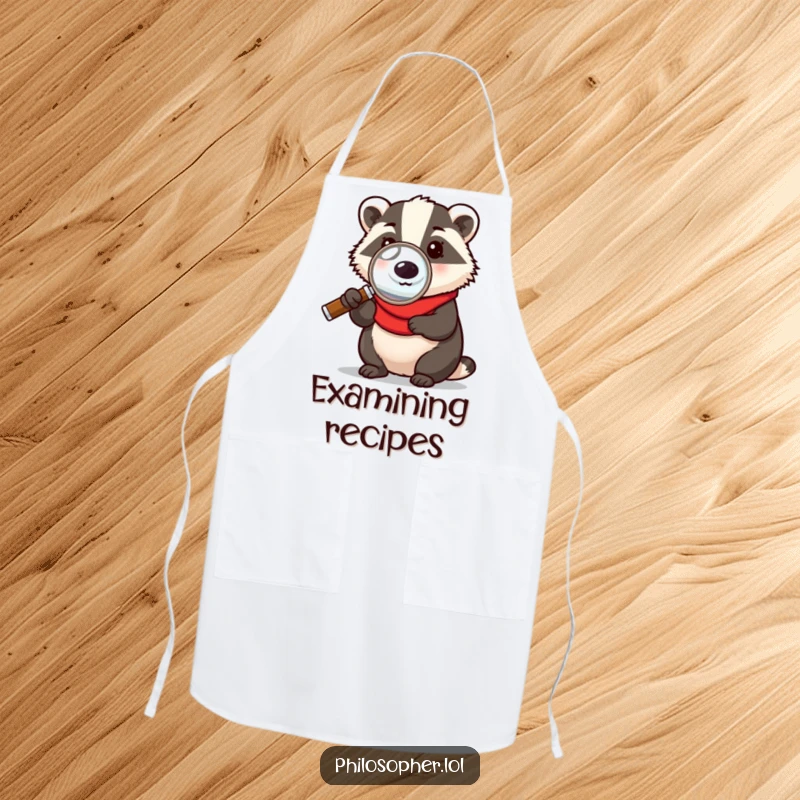 Funny apron showing a badger with a magnifying glass, humorously inspecting ingredients or a recipe, perfect for kitchen adventures and cooking enthusiasts.
