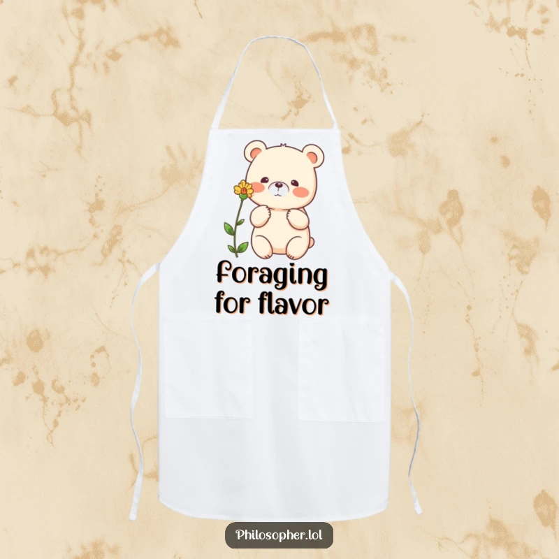 Funny bear apron, beaming bear gesturing thoughtfully towards a single flower, kitchen wear, nature-themed graphic.