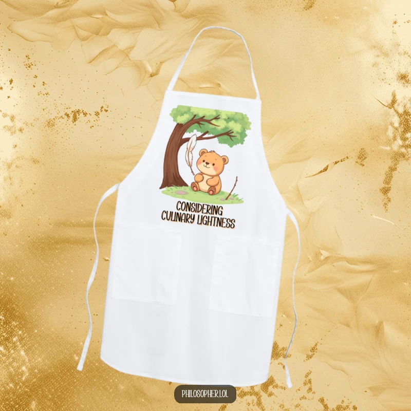 Funny happy bear sits under a tree, pondering a floating feather on a kitchen apron, ready for calm cooking.