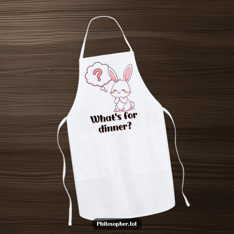 Funny bunny question mark apron, showing a cheerful bunny contemplating a giant thought bubble with a question mark.