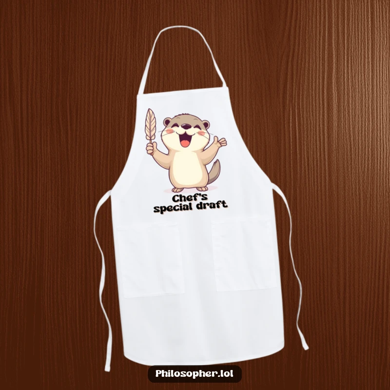 Funny apron with a cheerful otter energetically gesturing with a feather quill, perfect for creative endeavors.