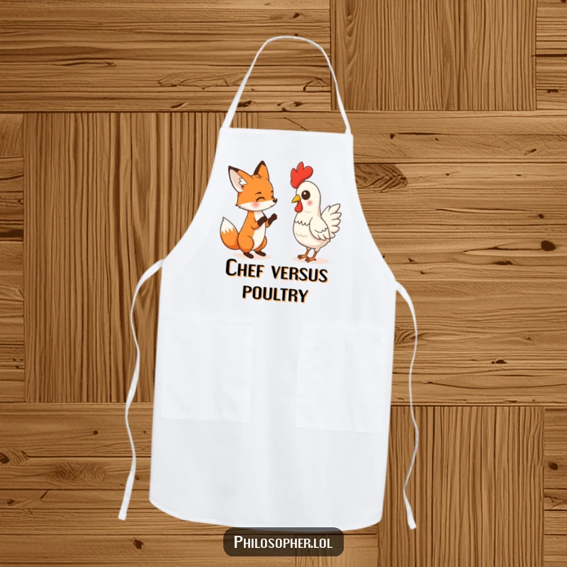 Funny apron showing a fox in a comical, serious debate with a rubber chicken, perfect for the kitchen with a side of absurd humor.