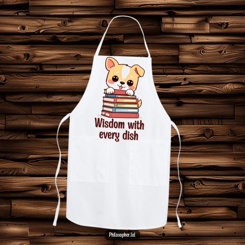 Funny dog wearing an apron and balancing a stack of philosophy books, a humorous kitchen accessory for bookish cooks.