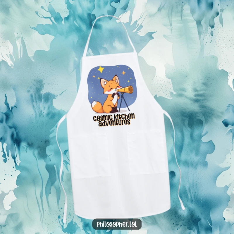 Funny Fox Apron: A curious fox with a telescope watches the stars while cooking. This humorous apron is a fun, funny gift.