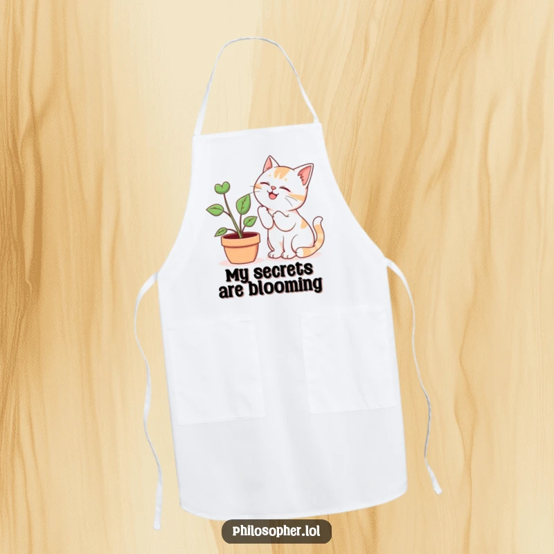 Funny Apron: A humorous gardening accessory with a giggling cat whispering to a potted plant, for those who find joy in nature and humor.