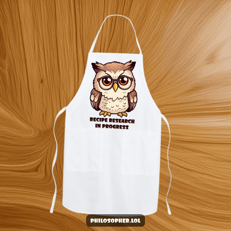 Funny owl apron, curious owl wearing tiny spectacles deep in thought, kitchen wear, intellectual graphic.
