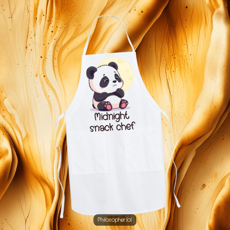 Funny apron showing a contented panda cub gazing thoughtfully at the moon. Ideal for peaceful cooking. Gift.