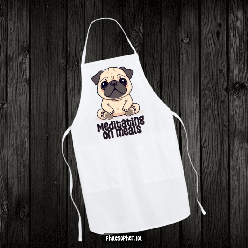 Funny Pug Meditation Apron featuring a serene pug meditating, perfect for the kitchen, bringing good vibes and humor to cooking.