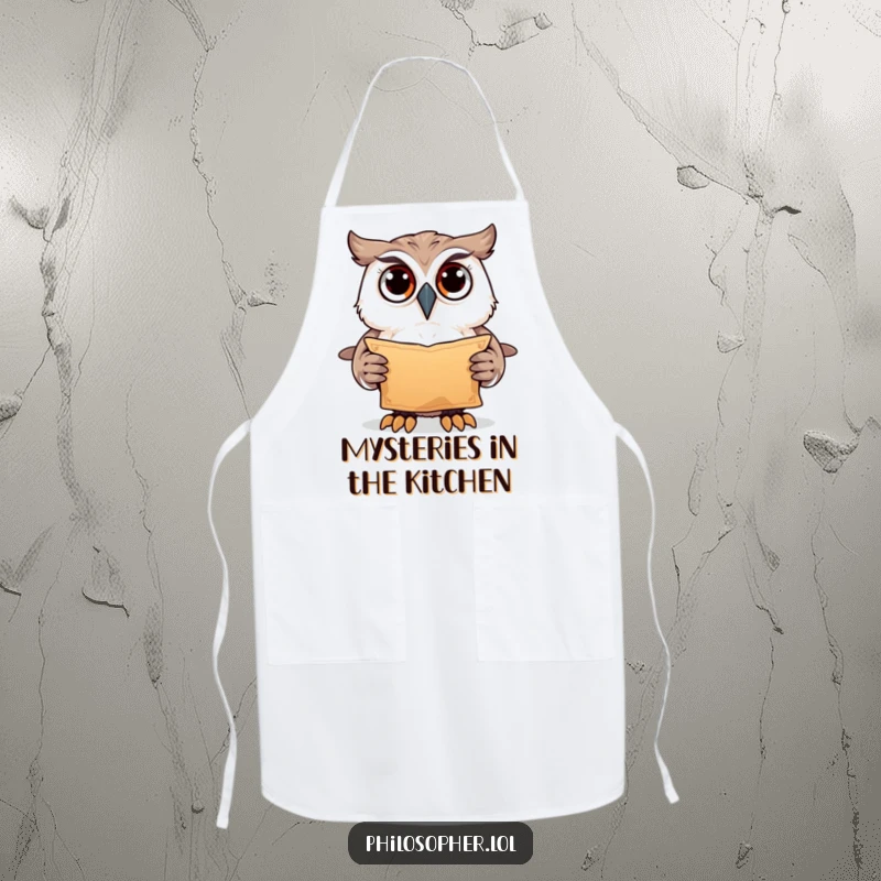 Funny owl with scroll, kitchen apron, mysterious cooking accessory, ideal funny gift for chefs.