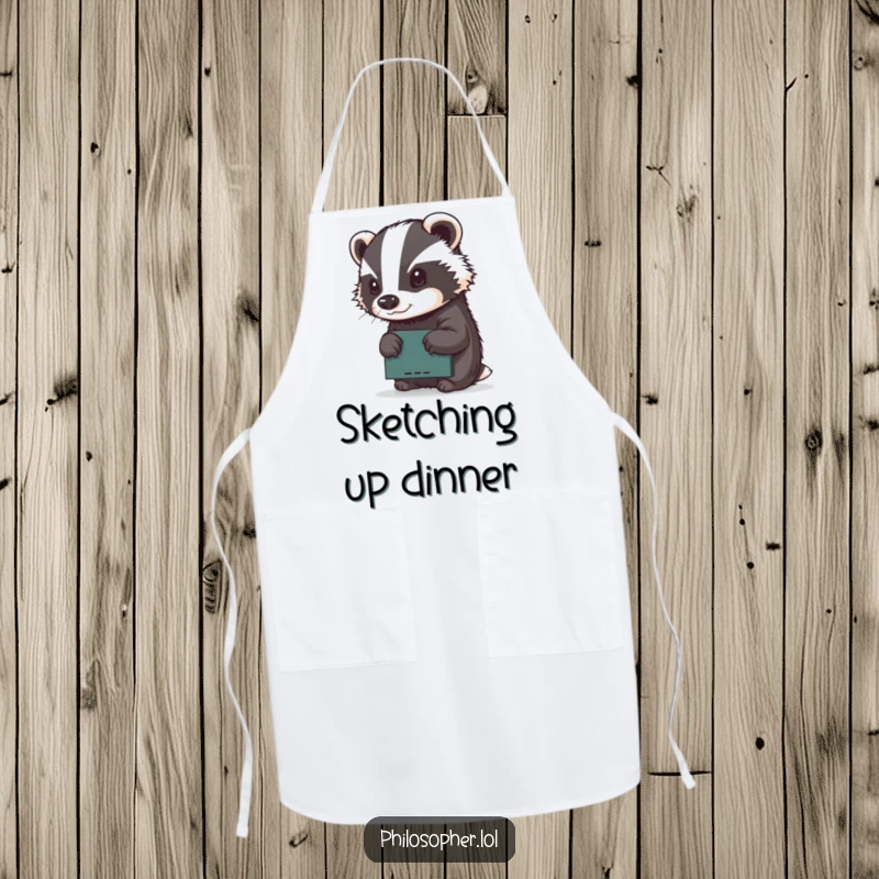 Funny apron depicting a determined badger concentrating on sketching on a miniature chalkboard, bringing creative humor to the kitchen.