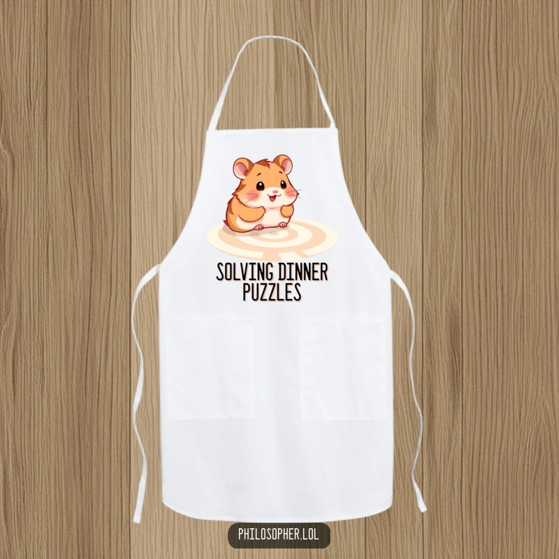 Funny hamster labyrinth apron: a kitchen apron with a smiling hamster contemplating a maze, for tackling culinary puzzles.