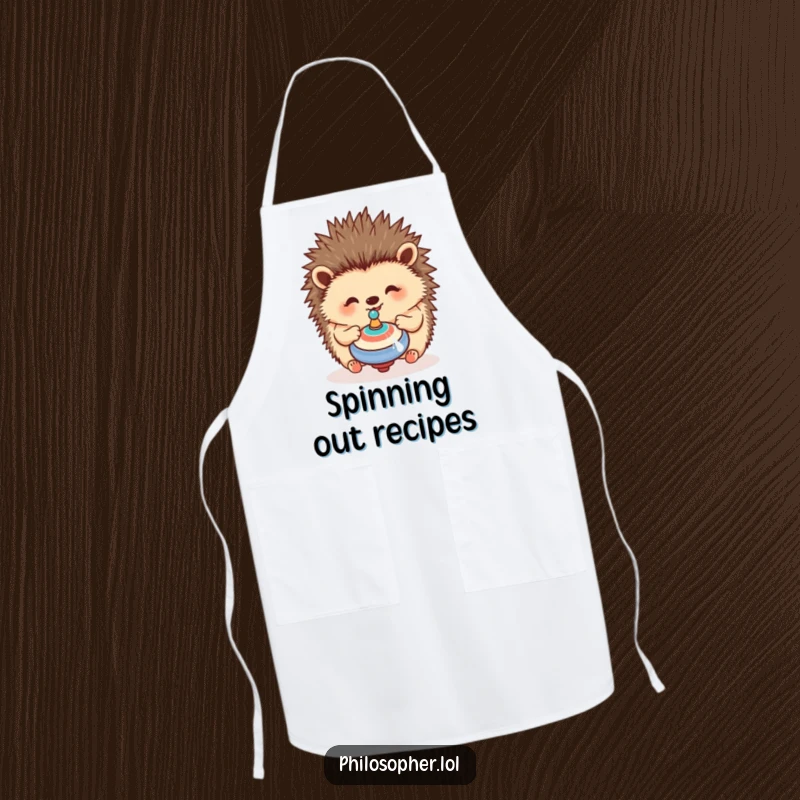 Funny hedgehog apron showing a happy hedgehog contemplating a spinning top, ideal for humorous kitchen adventures.