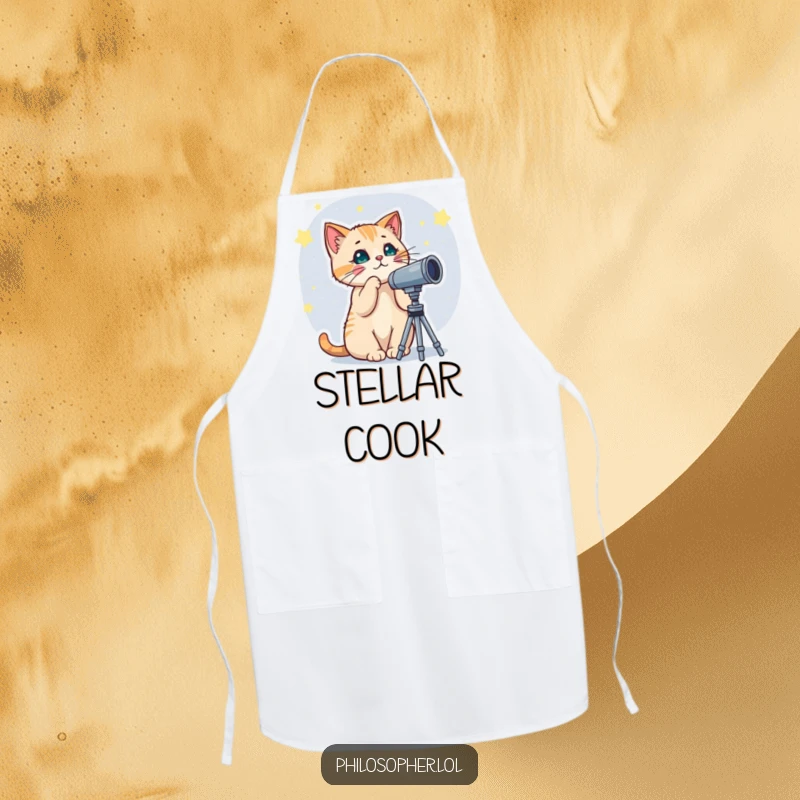 Funny apron depicting a cat using a telescope to gaze at stars, perfect for a chef who loves exploring new culinary frontiers.