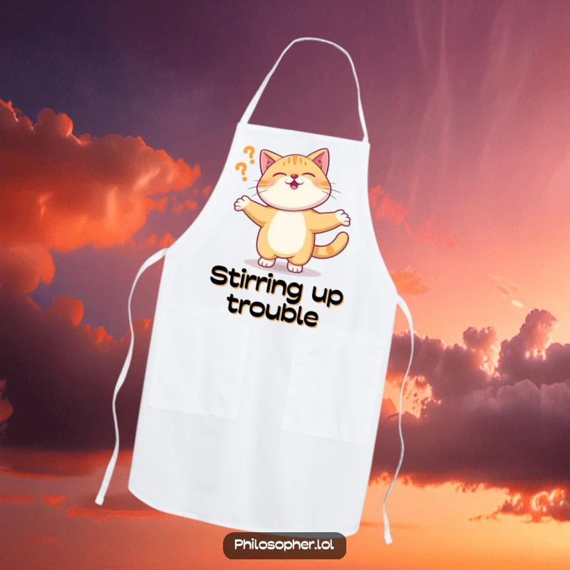 Funny apron with a giggling cat spinning around, its expression suggesting a humorous existential moment in the kitchen.