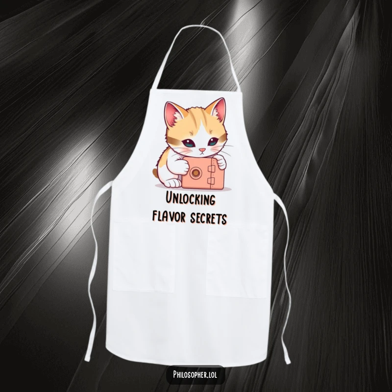 Funny cat apron showing a curious cat trying to unlock a tiny box, ideal for humorous cooking adventures.