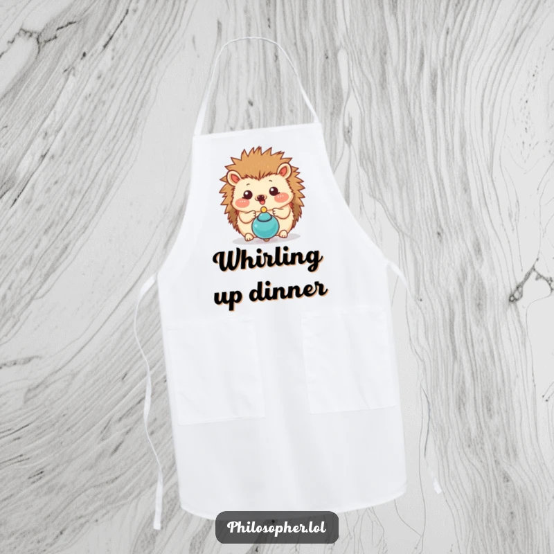 Funny hedgehog apron showing a happy hedgehog engrossed in a spinning top, a delightful addition to any kitchen.