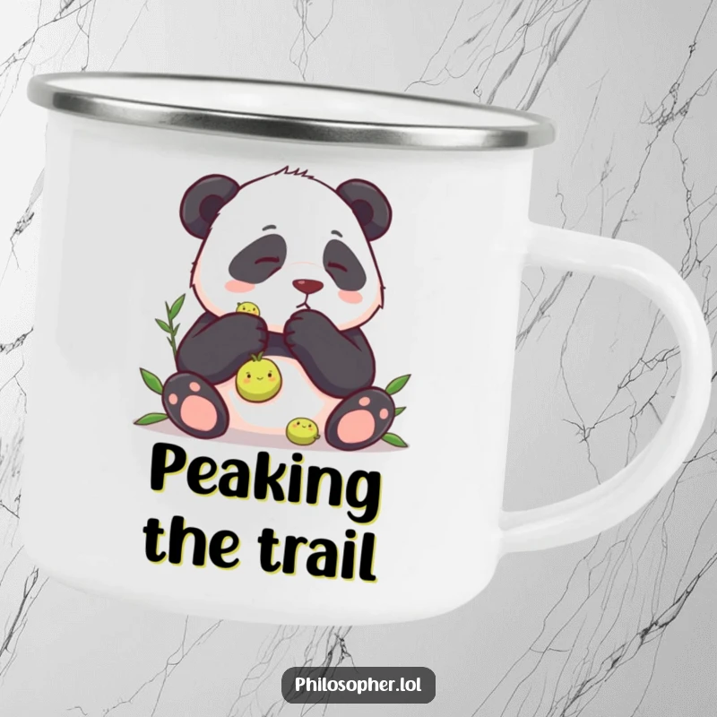 Funny camping mug featuring a panda contemplating a single pea, perfect for outdoor adventurers who enjoy a humorous start to their day.