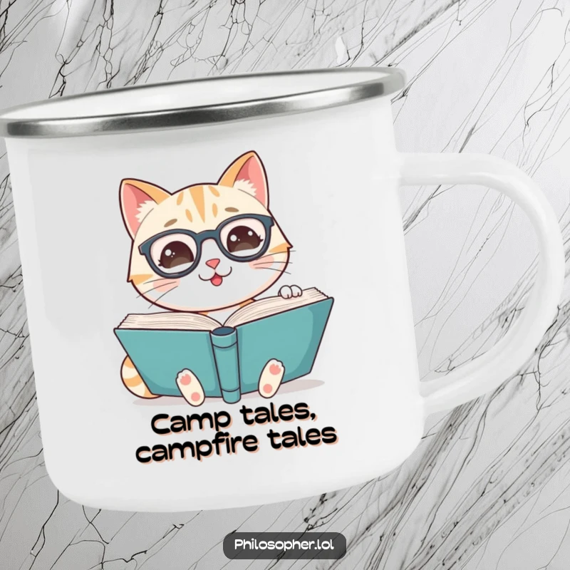 Funny camping mug with a smiling cat wearing spectacles, reading a large book, for cozy outdoor reading.