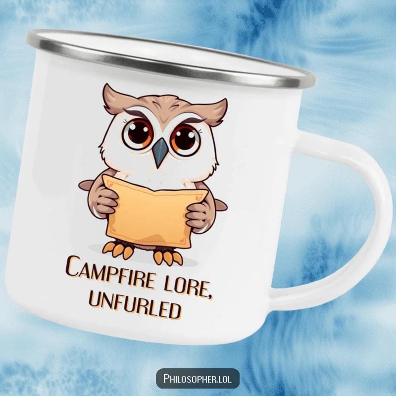 Funny owl with scroll, enamel camping mug, mysterious outdoor gear, ideal funny gift.