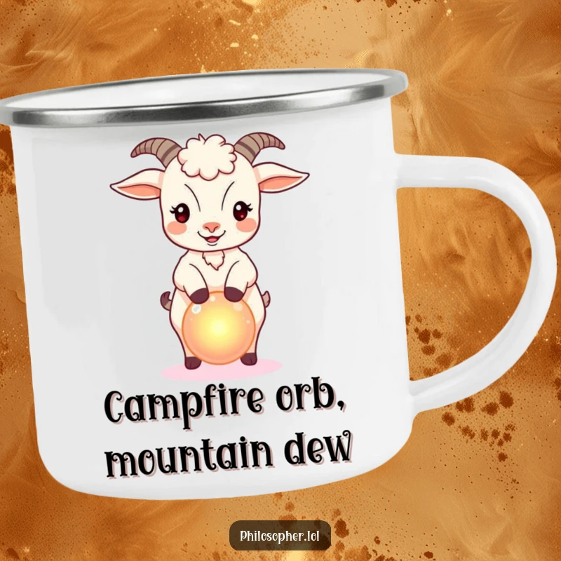 Funny camping mug with a bouncy goat balancing a small, glowing orb, for magical outdoor drinks.
