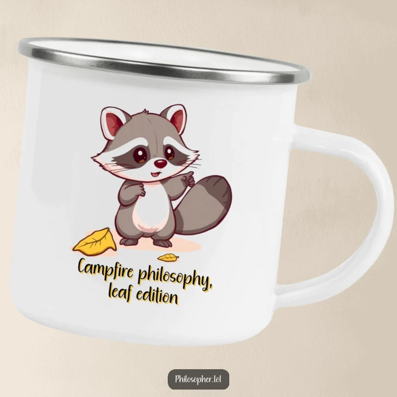 Funny camping mug with a mischievous raccoon pointing at a fallen leaf, seeking profound meaning. Great for outdoor adventures. Gift.