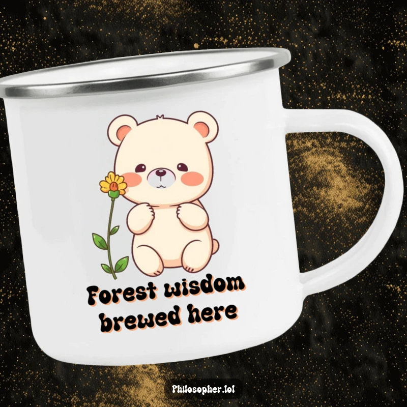 Funny bear camping mug, beaming bear gesturing thoughtfully towards a single flower, outdoor drinkware, nature-themed graphic.