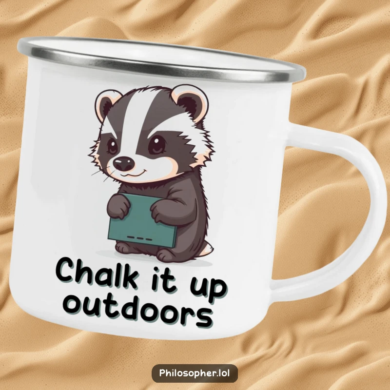 Funny camping mug with a determined badger focused on sketching on a tiny chalkboard, bringing artistic humor to the great outdoors.