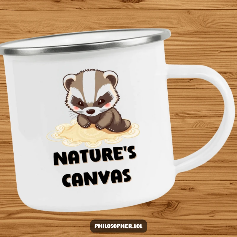 Funny badger camping mug showing a charming badger sketching intricate sand art, perfect for outdoor creativity.