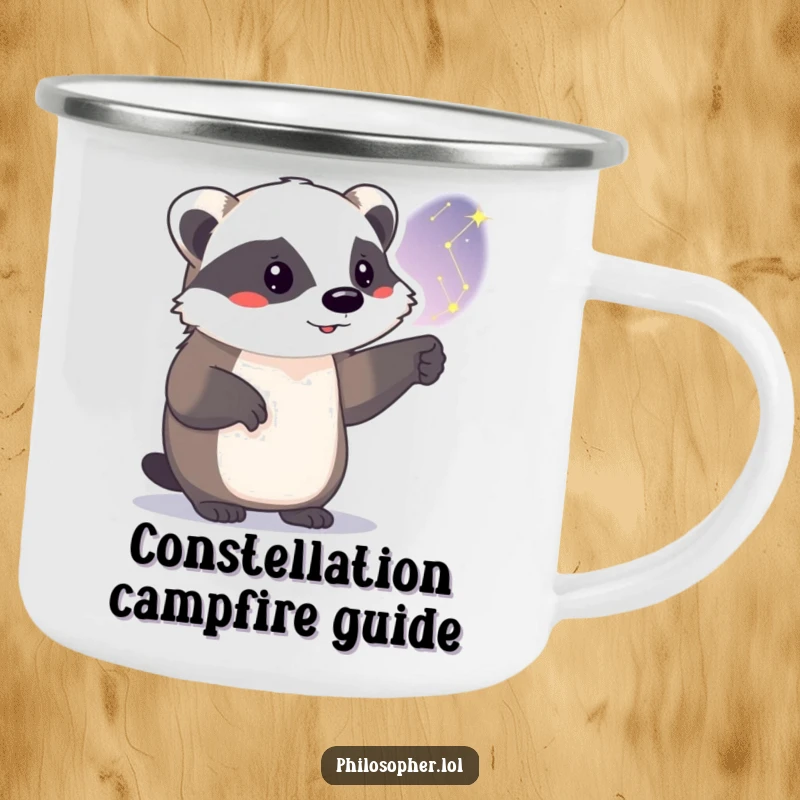 Funny badger camping mug, outdoors, proud animal pointing at stars, durable and humorous drinkware.
