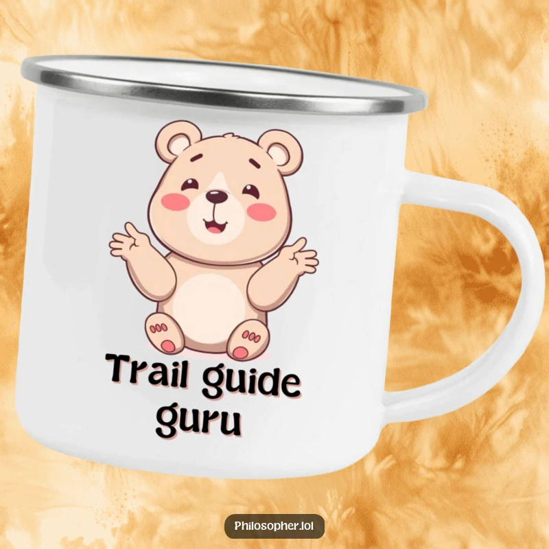 Funny bear camping mug showing a smiling bear explaining something with gestures, perfect for enjoying drinks in nature.