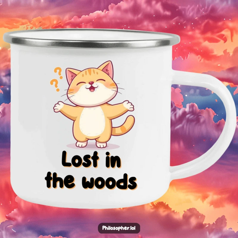 Funny camping mug with a giggling cat spinning in a circle, embracing the humorous absurdity of the great outdoors.