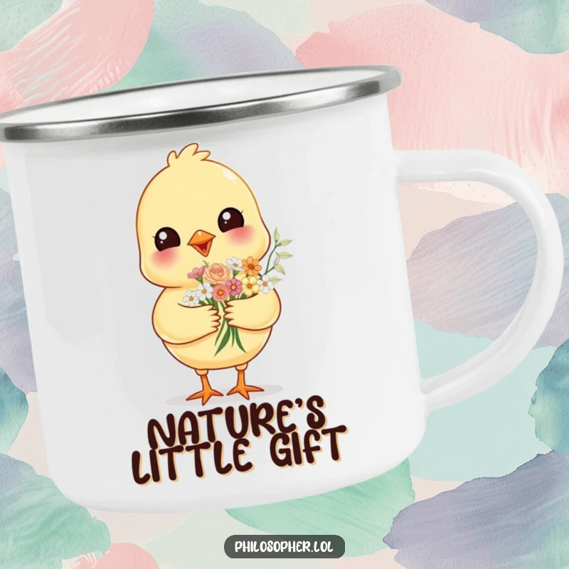 Funny cheerful chick, offering flowers, on a durable camping mug, ready for outdoor fun and heartwarming moments.