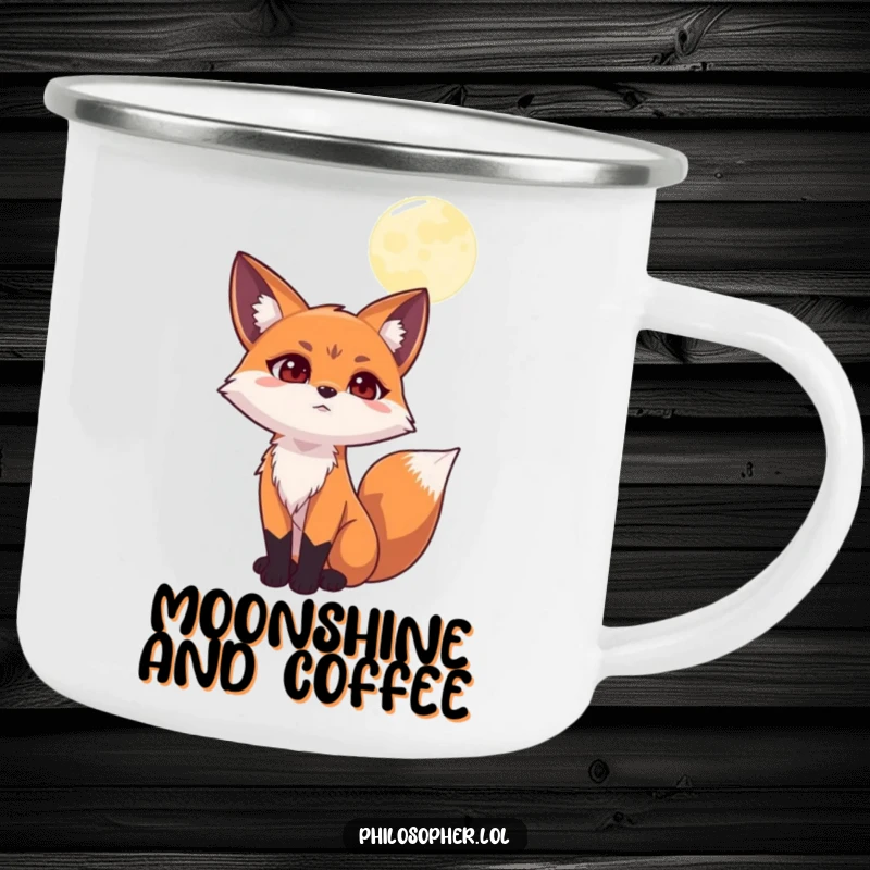 Funny camping mug with a determined fox gazing at the moon, perfect for outdoor sipping with humorous, contemplative vibes.