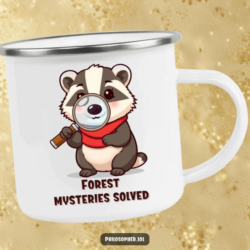 Funny camping mug featuring a badger with a magnifying glass, humorously exploring the wilderness, ideal for coffee or tea during outdoor excursions.