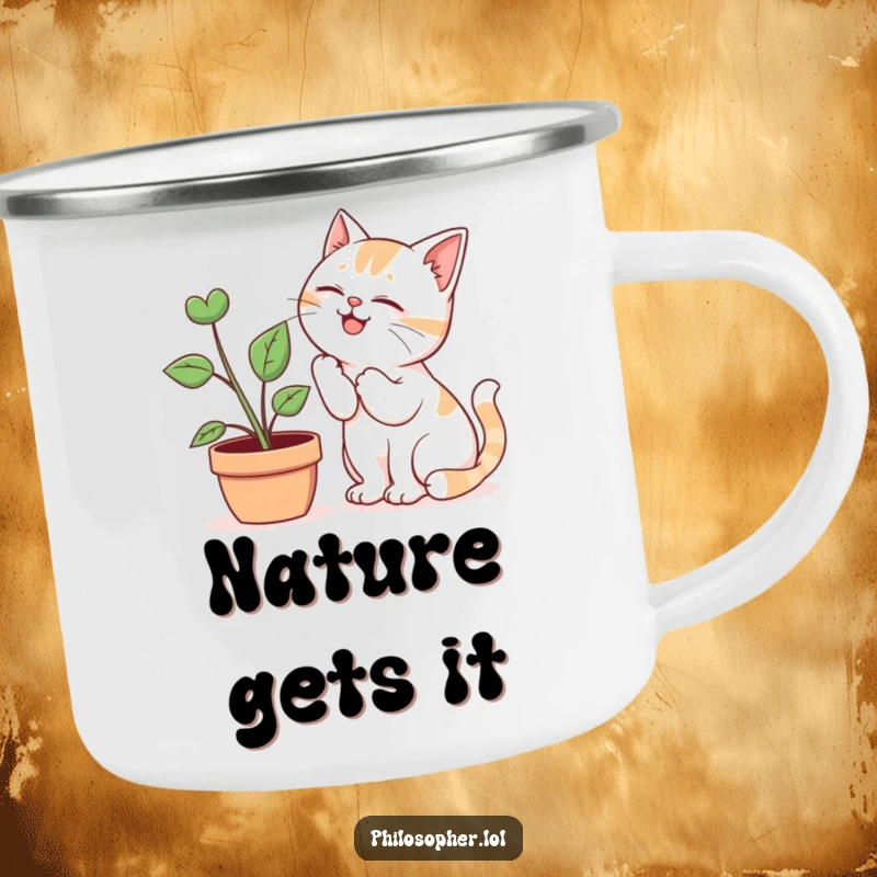 Funny Camping Mug: Durable enamel mug with a giggling cat whispering secrets to a plant, for adventurous, humorous sipping.