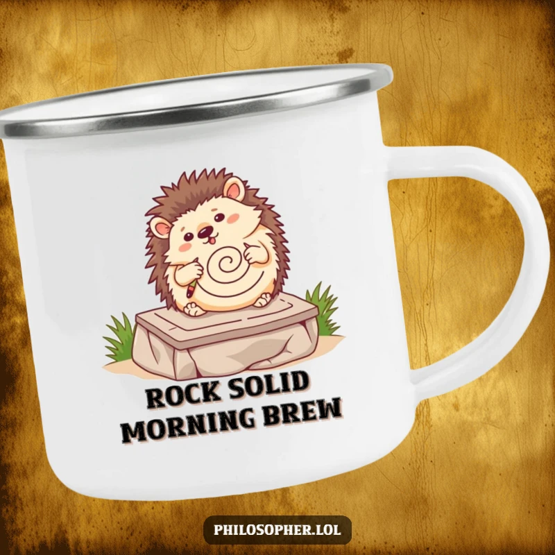 Funny hedgehog camping mug, wobbling hedgehog drawing a spiral on a stone tablet, outdoor drinkware, cute animal graphic.