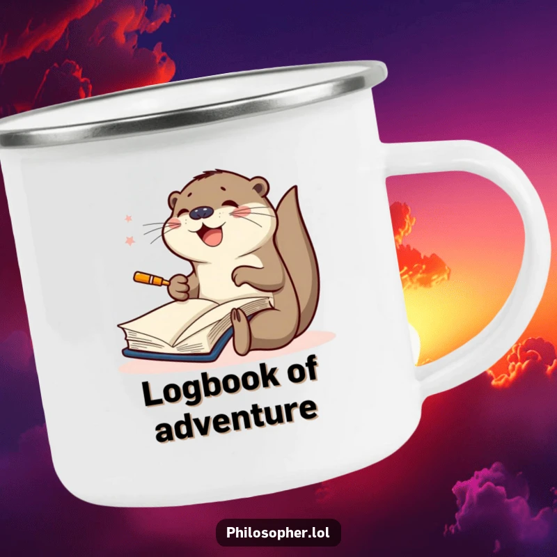 Funny camping mug featuring a joyful otter furiously scribbling in a large book, ideal for enjoying drinks during creative outdoor sessions.