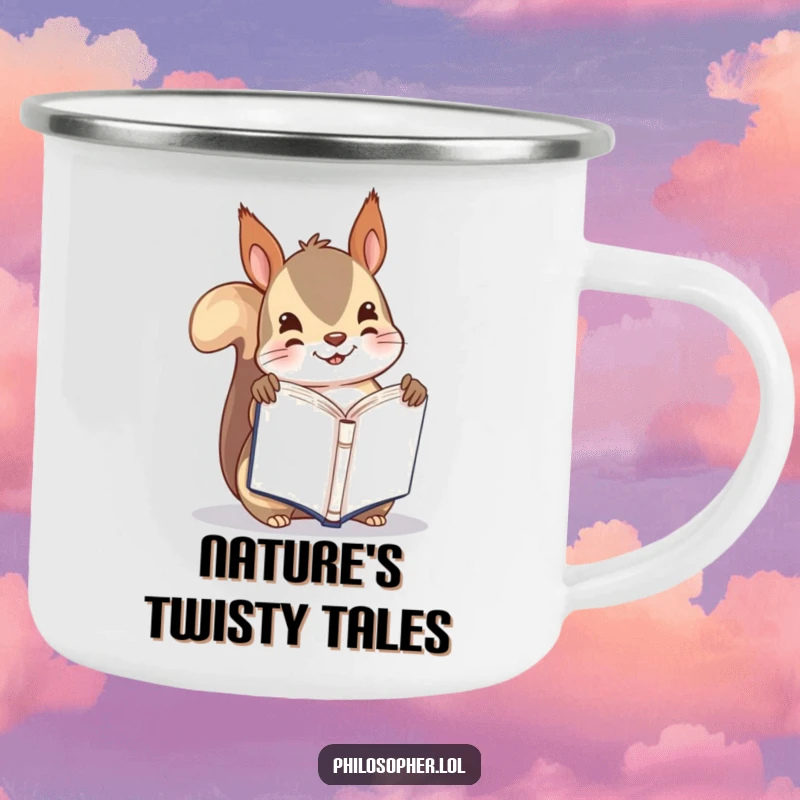 Funny camping mug with a playful squirrel holding a tiny book upside down, perfect for outdoor reading humor.