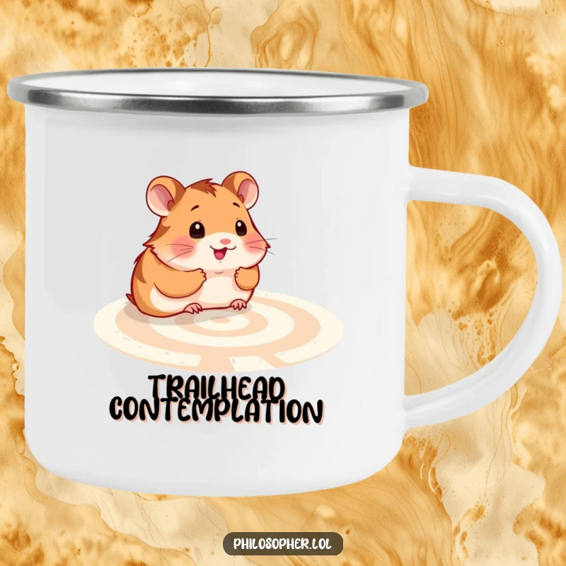 Funny hamster labyrinth camping mug: a rustic mug with a smiling hamster pondering a maze, for thoughtful outdoor moments.