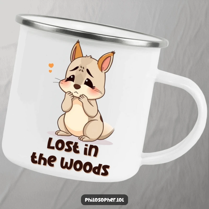 Funny confused squirrel camping mug: a rugged mug with a squirrel scratching its head, symbolizing outdoor contemplation.