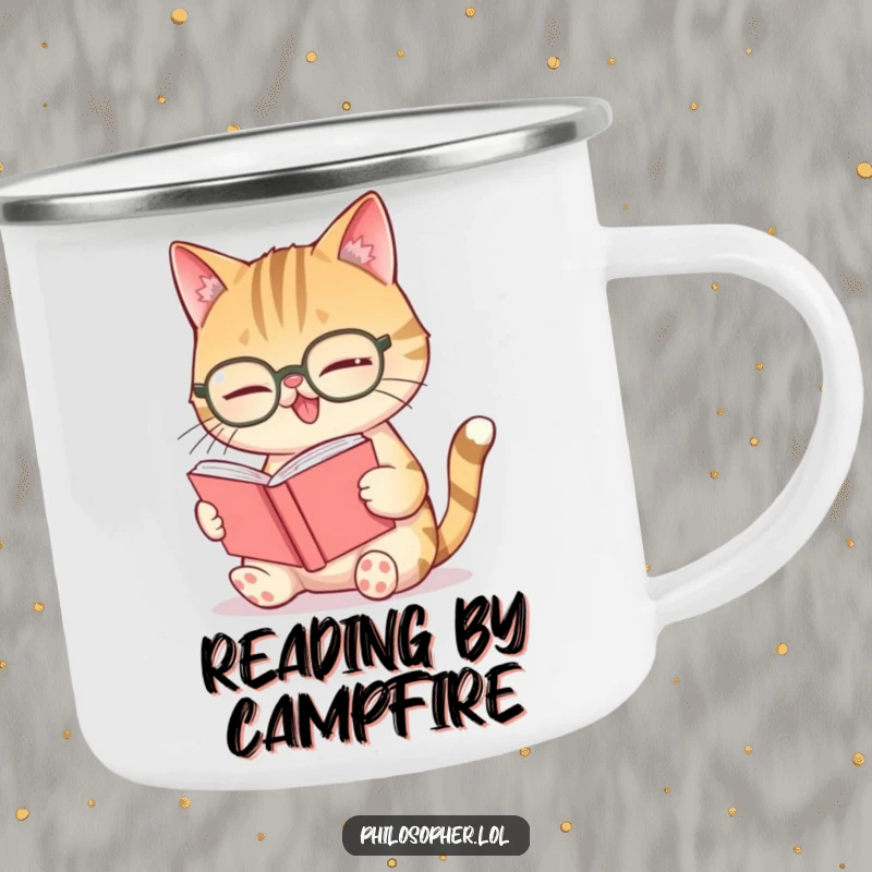 Funny giggling cat spectacles camping mug, a cat with glasses giggling while reading a tiny book.