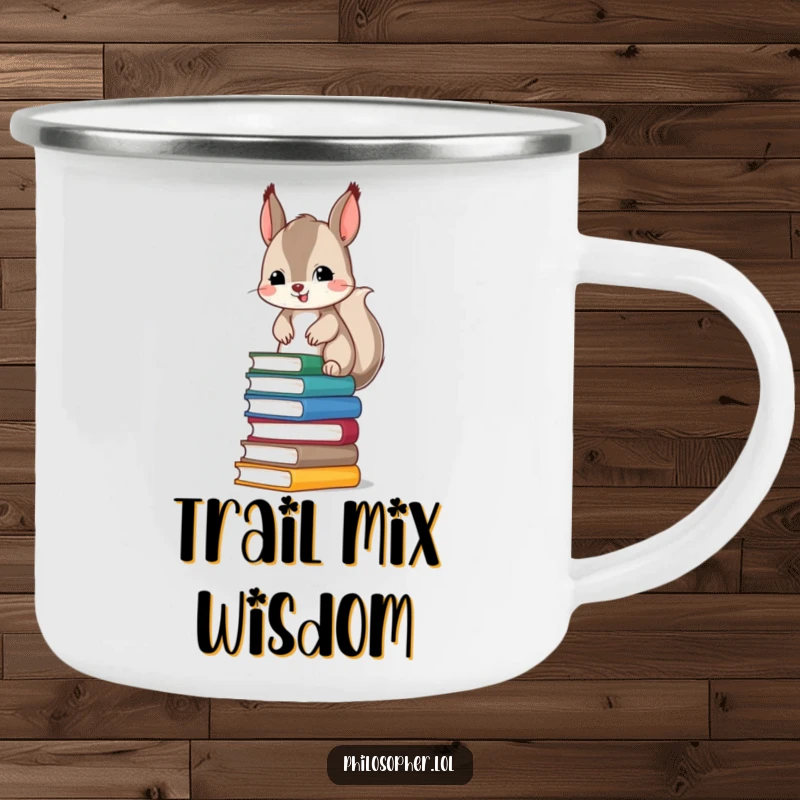 Funny camping mug showing a mischievous squirrel attempting to balance a stack of books, suitable for rustic and humorous outdoor use.