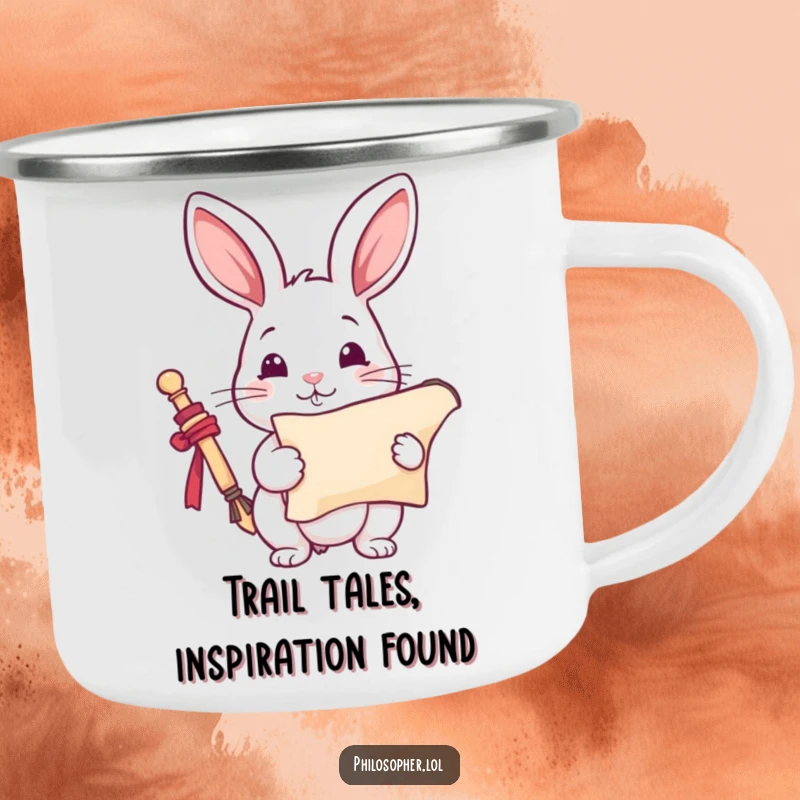 Funny Rabbit Camping Mug: A playful rabbit holds an inspired scroll. This rugged, humorous mug is perfect for outdoor creativity, a funny gift.