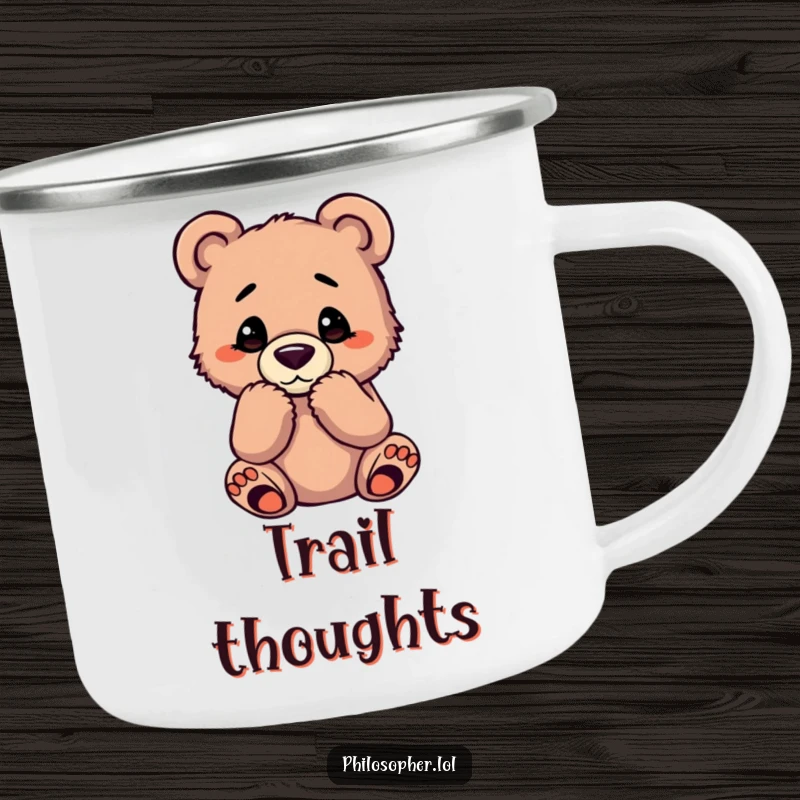 Funny bear cub camping mug showing a cub in a deep thinking pose, perfect for outdoor contemplation.