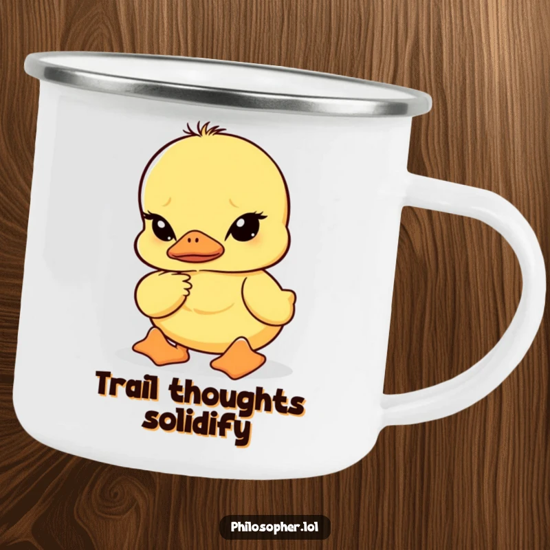 Funny camping mug depicting a wobbly duckling with furrowed brows in deep thought, perfect for outdoor lovers who appreciate contemplation.